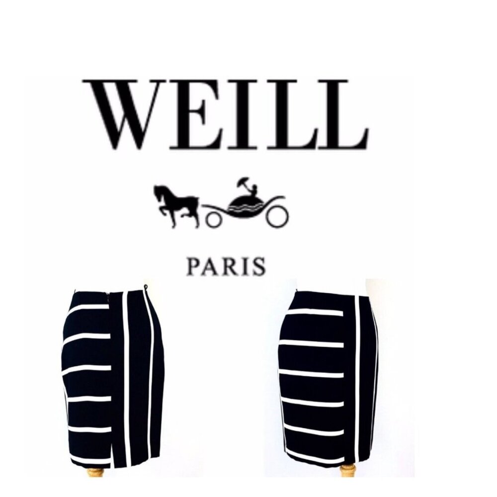 Weill Paris Womens Black & White Striped Pencil Skirt Zip Closure Size 4